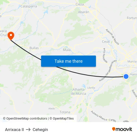 Arrixaca II to Cehegín map