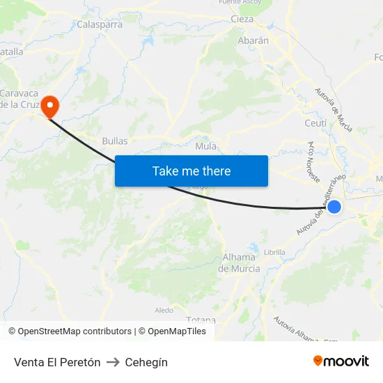 Venta El Peretón to Cehegín map