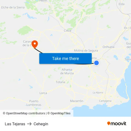 Las Tejeras to Cehegín map