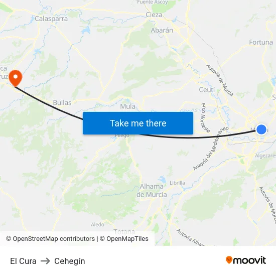 El Cura to Cehegín map