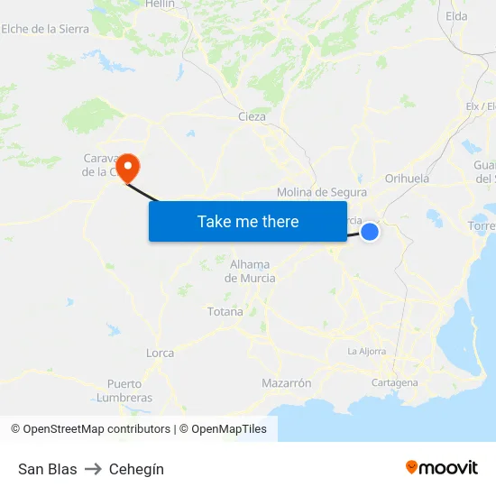 San Blas to Cehegín map