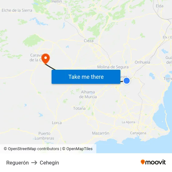 Reguerón to Cehegín map