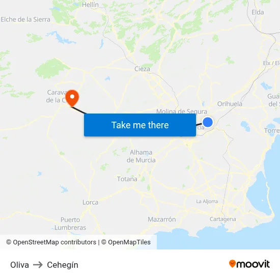 Oliva to Cehegín map