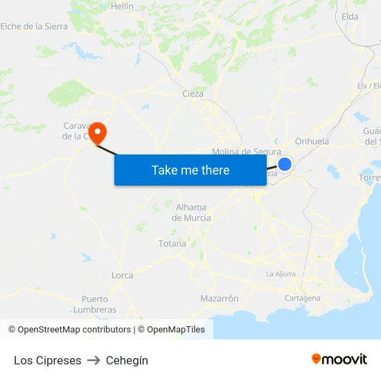 Los Cipreses to Cehegín map