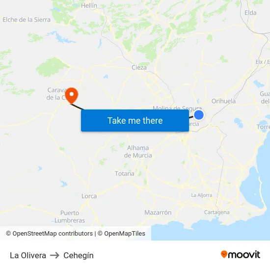 La Olivera to Cehegín map