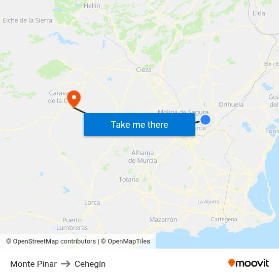 Monte Pinar to Cehegín map
