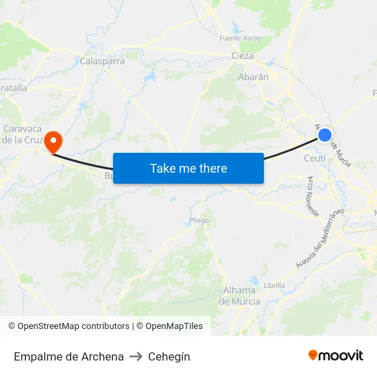Empalme de Archena to Cehegín map
