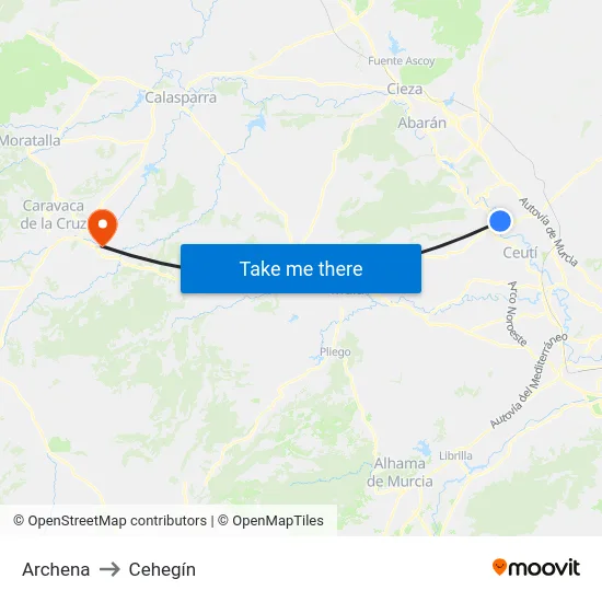 Archena to Cehegín map