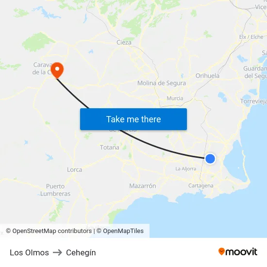 Los Olmos to Cehegín map