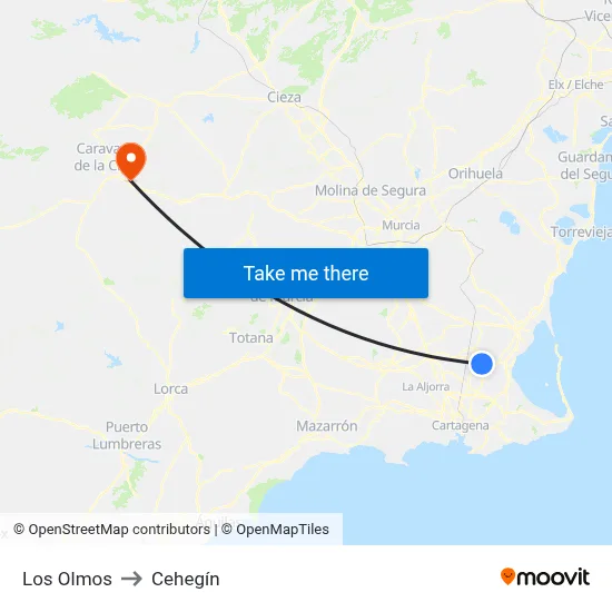 Los Olmos to Cehegín map