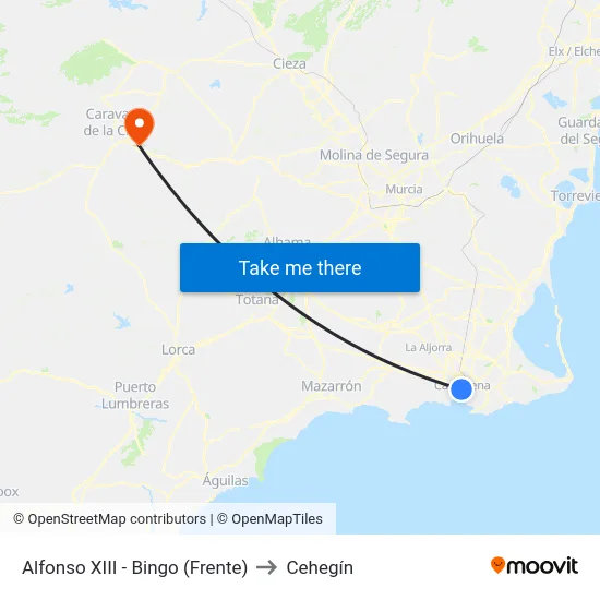Alfonso XIII - Bingo (Frente) to Cehegín map