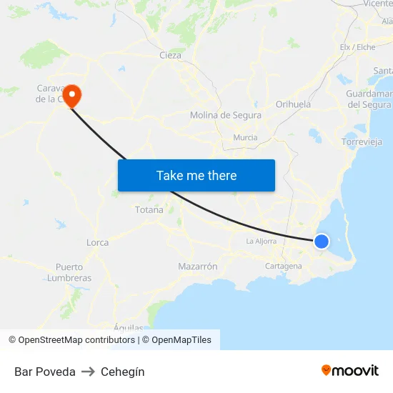 Bar Poveda to Cehegín map