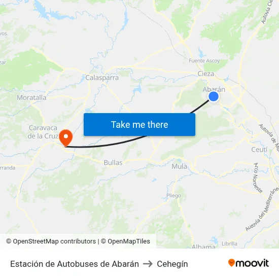 Estación de Autobuses de Abarán to Cehegín map