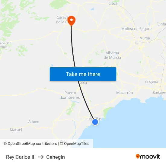 Rey Carlos III to Cehegín map