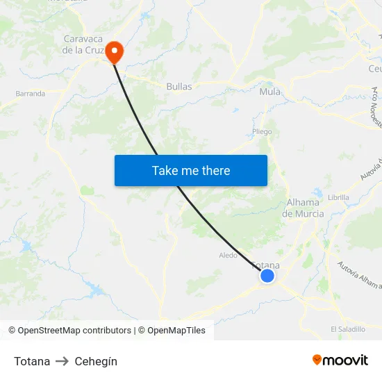 Totana to Cehegín map