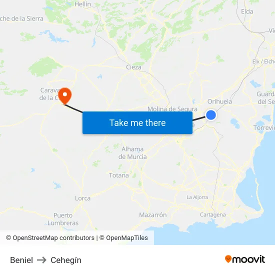Beniel to Cehegín map