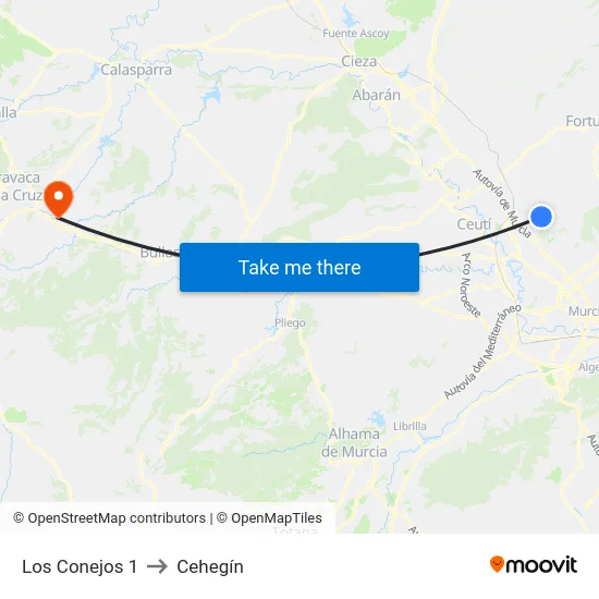 Los Conejos 1 to Cehegín map