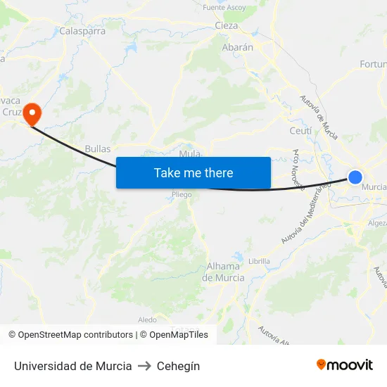 Universidad de Murcia to Cehegín map