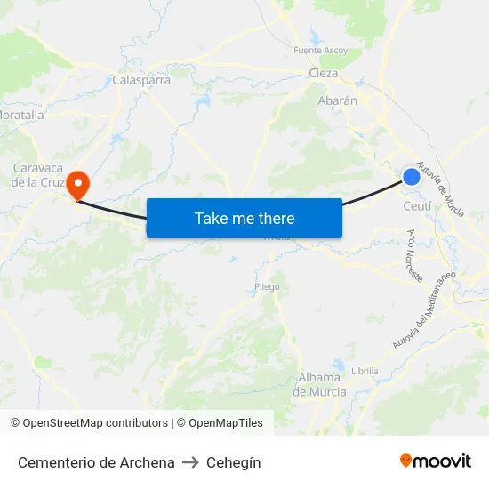 Cementerio de Archena to Cehegín map