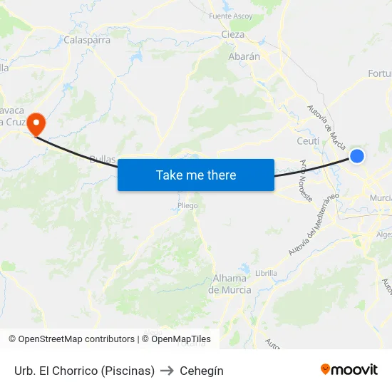 Urb. El Chorrico (Piscinas) to Cehegín map