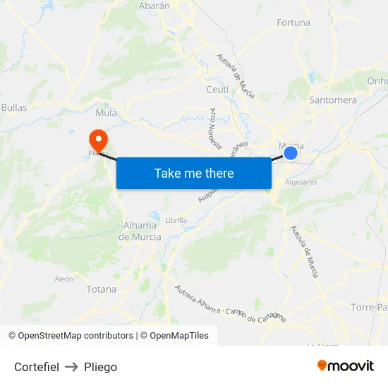 Cortefiel to Pliego map