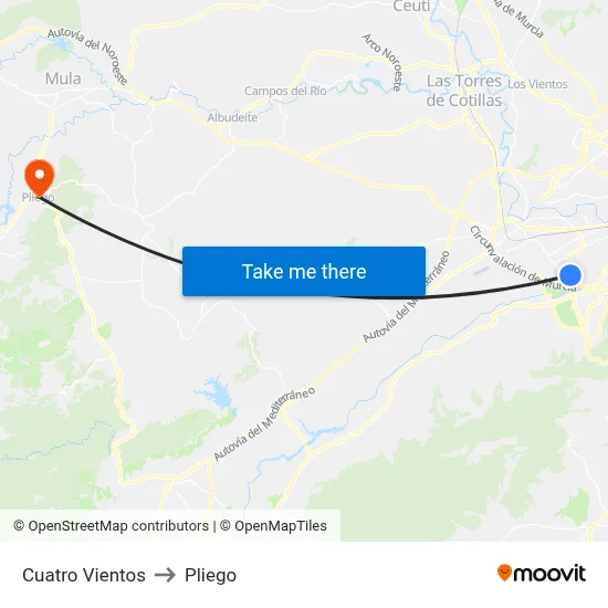 Cuatro Vientos to Pliego map