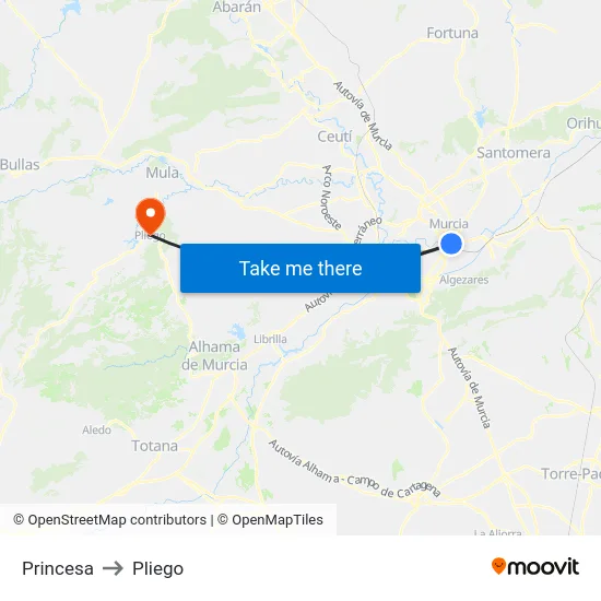Princesa to Pliego map