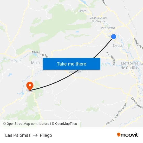 Las Palomas to Pliego map