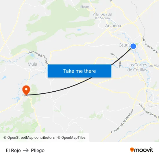 El Rojo to Pliego map