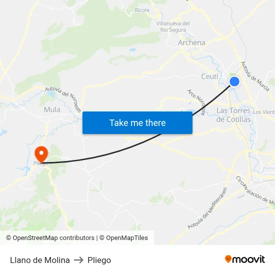 Llano de Molina to Pliego map