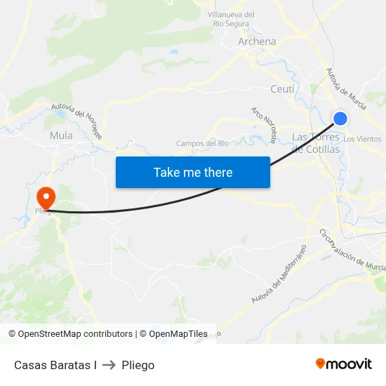 Casas Baratas I to Pliego map