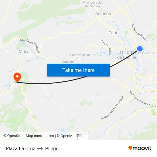 Plaza La Cruz to Pliego map