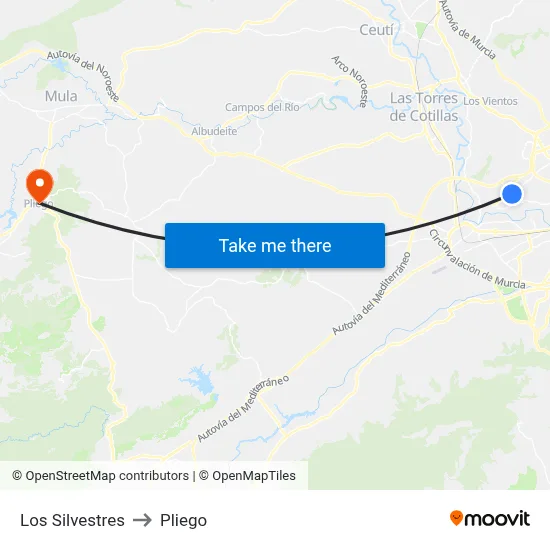 Los Silvestres to Pliego map