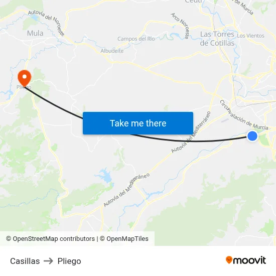 Casillas to Pliego map