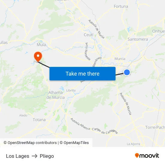 Los Lages to Pliego map