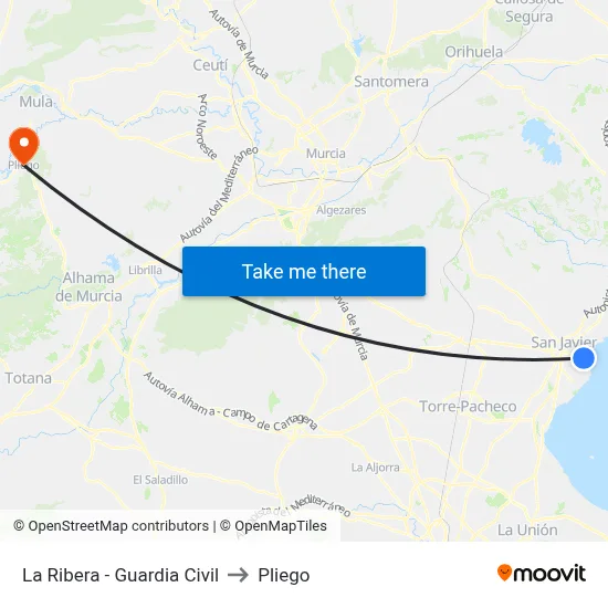 La Ribera - Guardia Civil to Pliego map