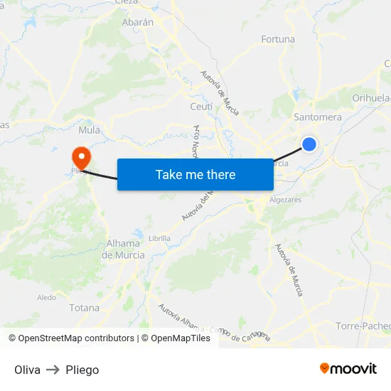 Oliva to Pliego map