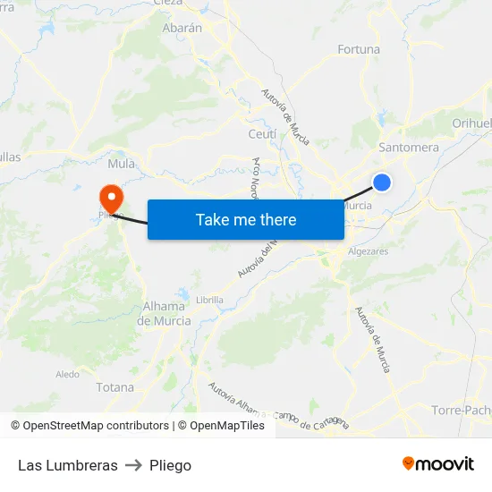 Las Lumbreras to Pliego map