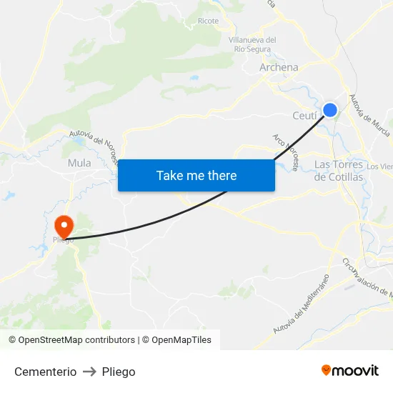 Cementerio to Pliego map