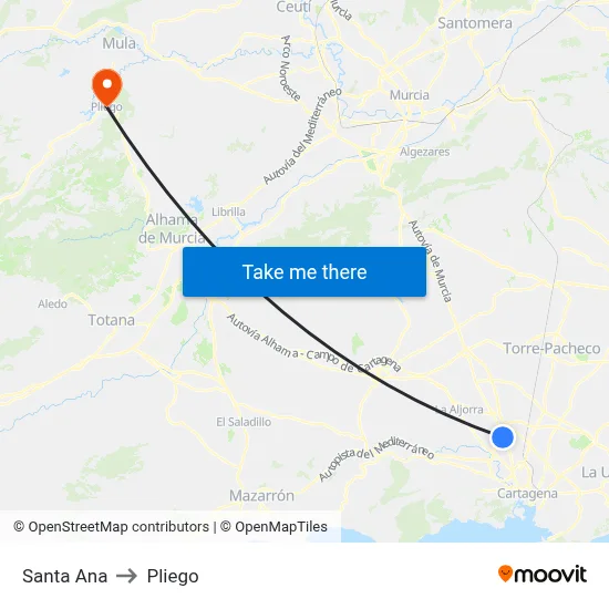 Santa Ana to Pliego map