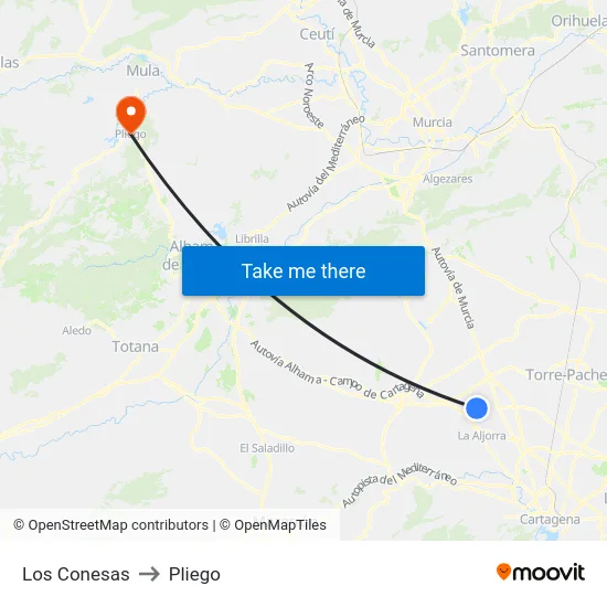 Los Conesas to Pliego map