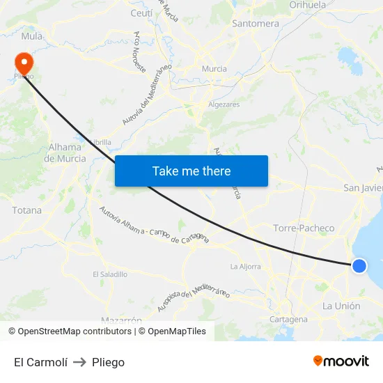 El Carmolí to Pliego map