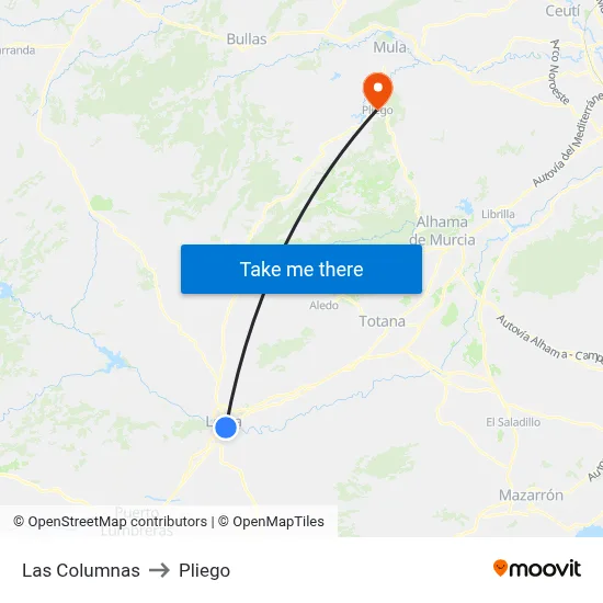 Las Columnas to Pliego map