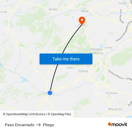 Paso Encarnado to Pliego map