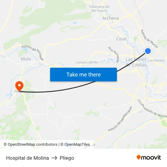 Hospital de Molina to Pliego map