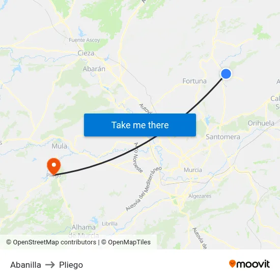 Abanilla to Pliego map