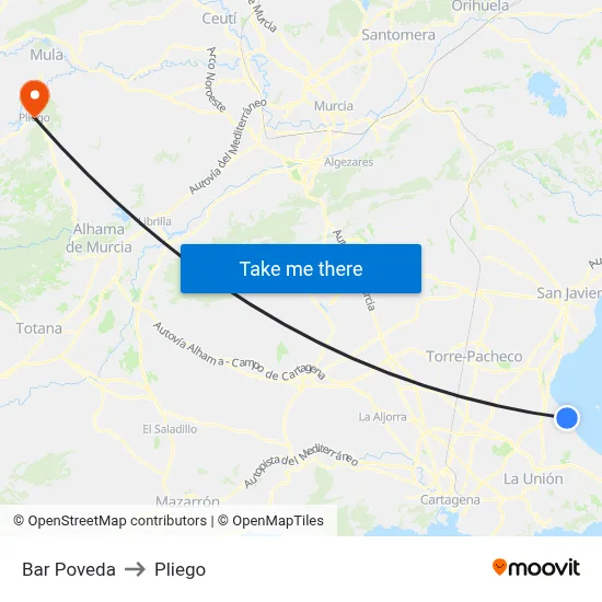 Bar Poveda to Pliego map