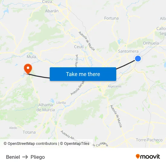 Beniel to Pliego map