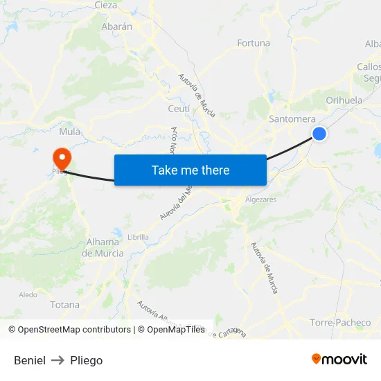 Beniel to Pliego map