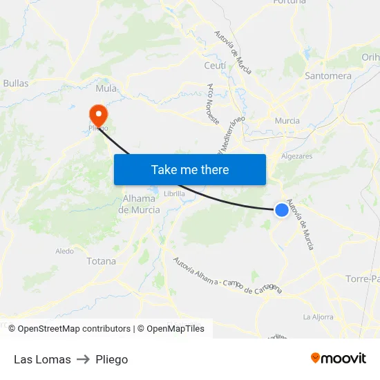 Las Lomas to Pliego map